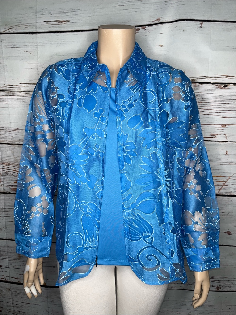 Susan Graver NWT Size 1X Blue Floral Print 2 Pc. Tank Top & Zip Up Linen Jacket